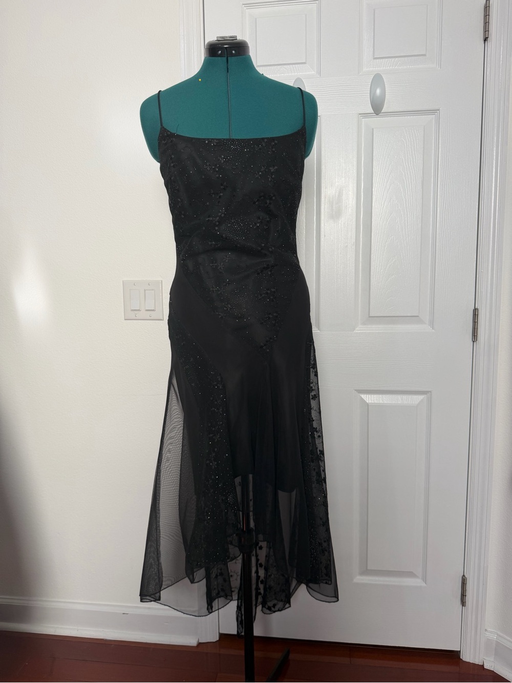 Eureka black beaded slip high low dress with sheer overlay and lace trim, size M
